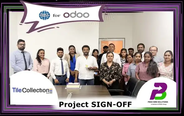 PBSS SMB Solutions and Tile Collection teams during the Odoo ERP project sign-off ceremony.